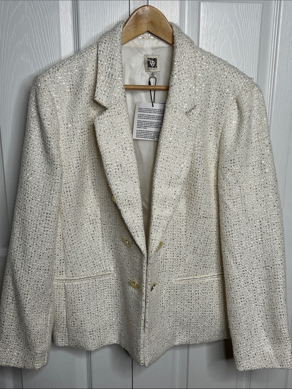 Anne Klein Ivory Sequins Tweed Open Front Blazer Holiday Party- Festive